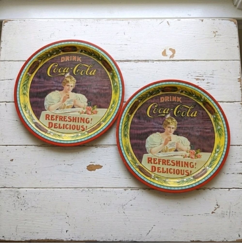 Pair of Vintage 1977 Coca Cola Metal Serving Trays 12" Round Coke Victorian Lady